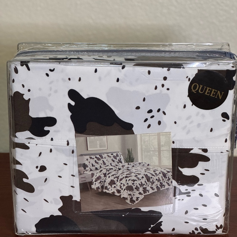Brand New Queen Size 4PCS Bedding sheet Set Cow Print deep pocket